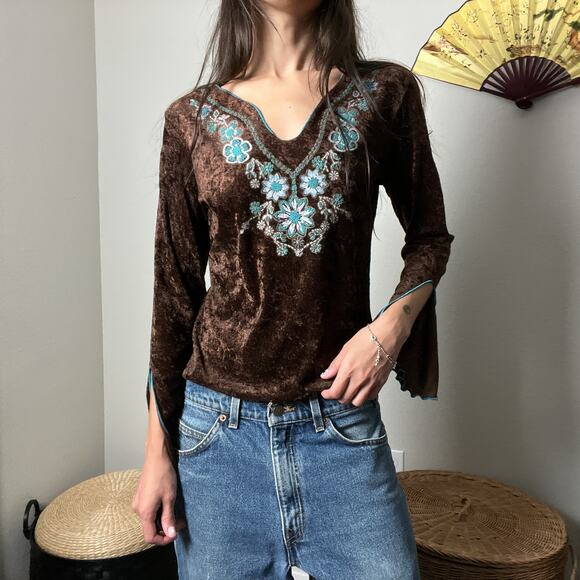 y2k boho brown velvet floral v neck flutter flare sleeve long sleeve top by mkm - Picture 6 of 7